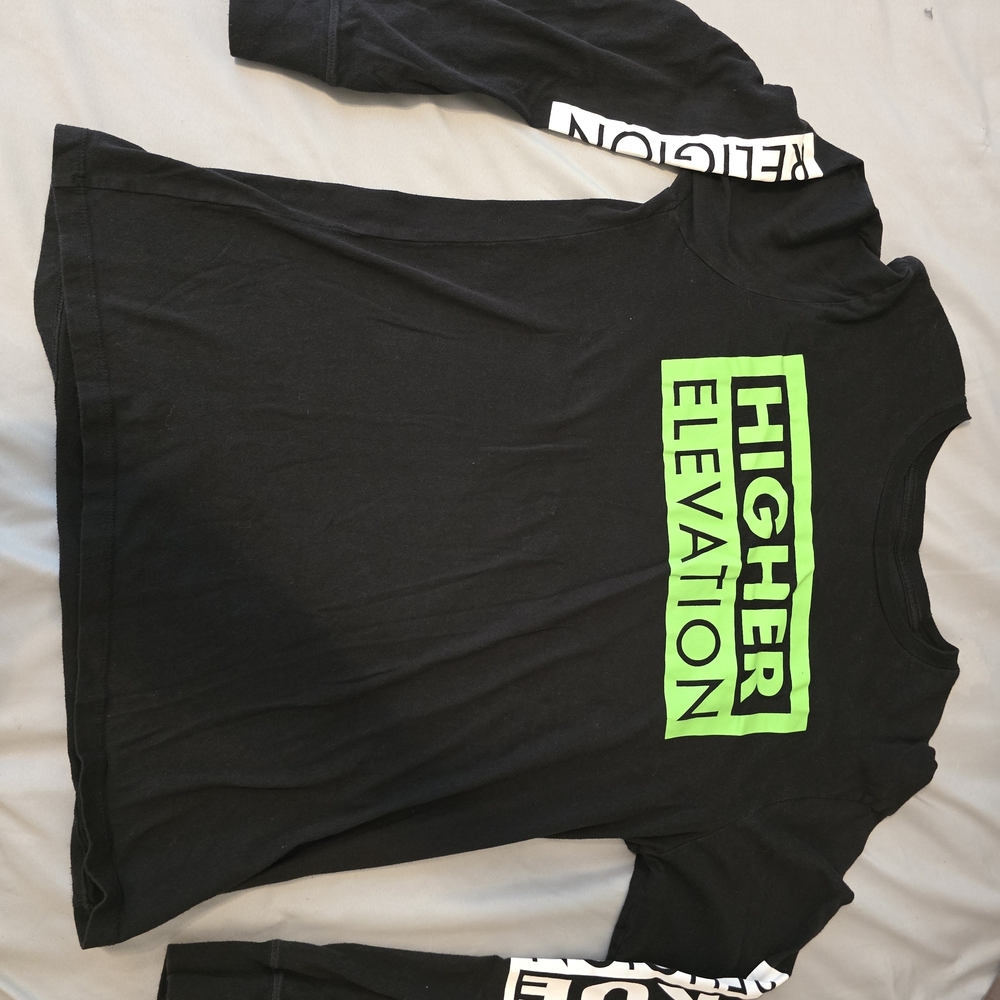 True Religion Black Long Sleeve Tee with Neon Green "Higher Elevation" Graphic